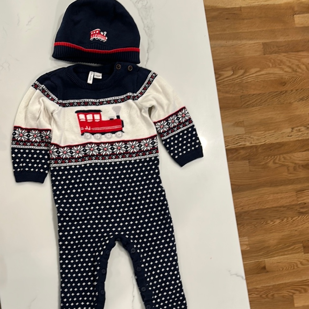 Janie and Jack Navy and White Footie with Red Train onesie jumpsuit playsuit